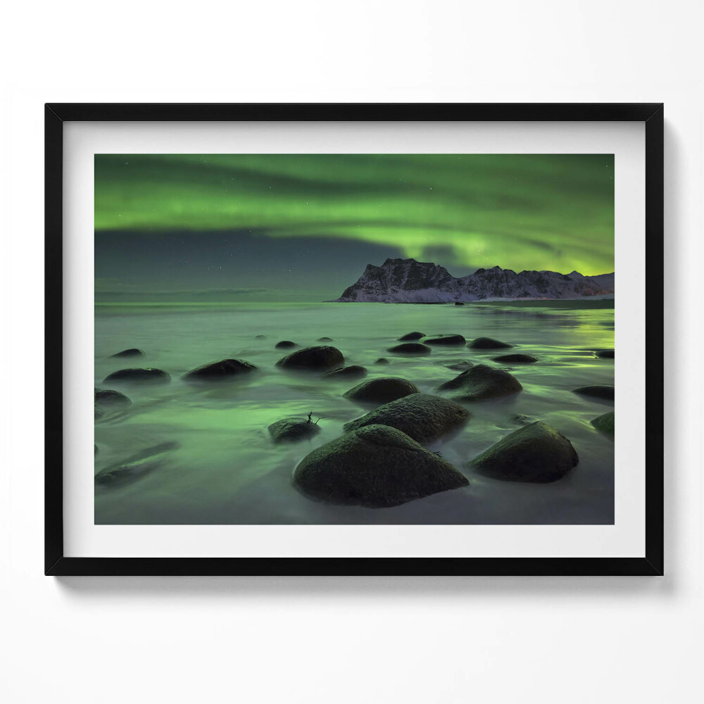 Obraz s rámem Polární záře - zelená krajina