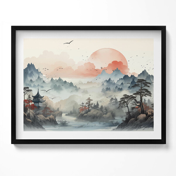 Obraz s rámem Horská lesní krajina v japonském stylu