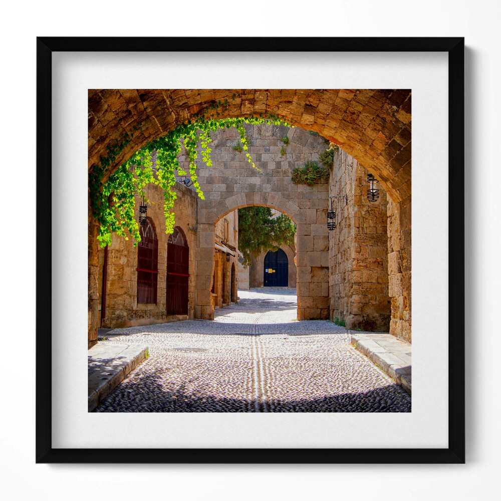 Obraz v rámu efektivní Středověká ulice Rhodos Řecko