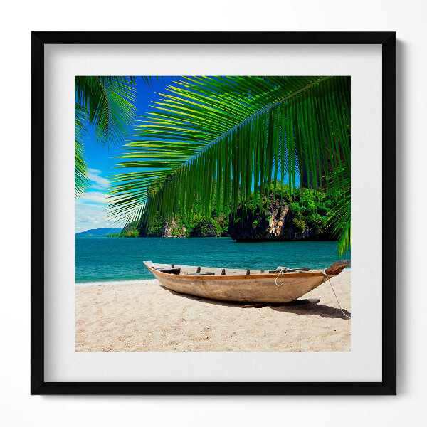 Obraz v rámu efektivní Loď na pláži pod palmou