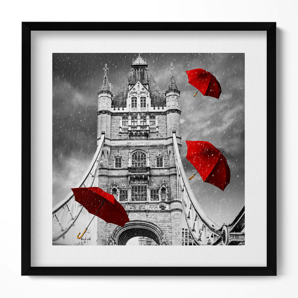 Obraz v rámu efektivní Červené deštníky na London Bridge