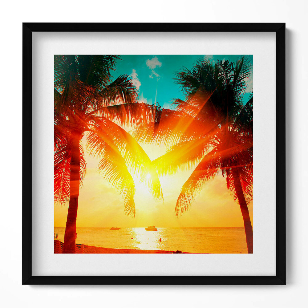 Obraz v rámu efektivní Pohled na dovolenou - palmy při západu slunce