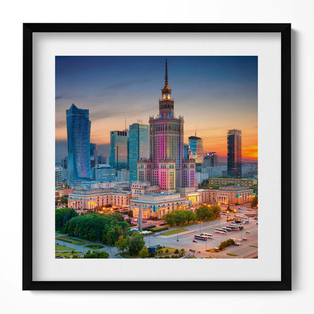 Obraz v rámu efektivní Panorama západu slunce ve Varšavě
