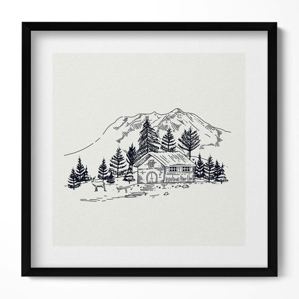 Obraz v rámu efektivní Kresba chaty v horách
