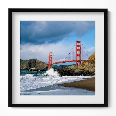 Obraz v rámu efektivní Mořské vlny, pobřeží a červený most