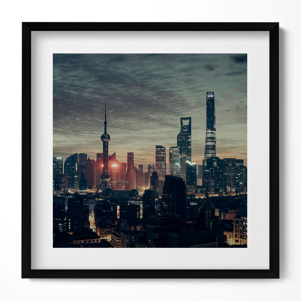 Obraz v rámu efektivní Panorama Šanghaje v noci