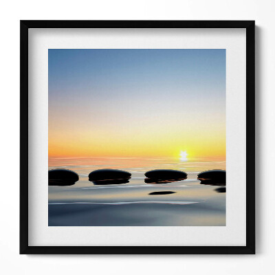Obraz v rámu efektivní Kameny na vodě při východu slunce - zen