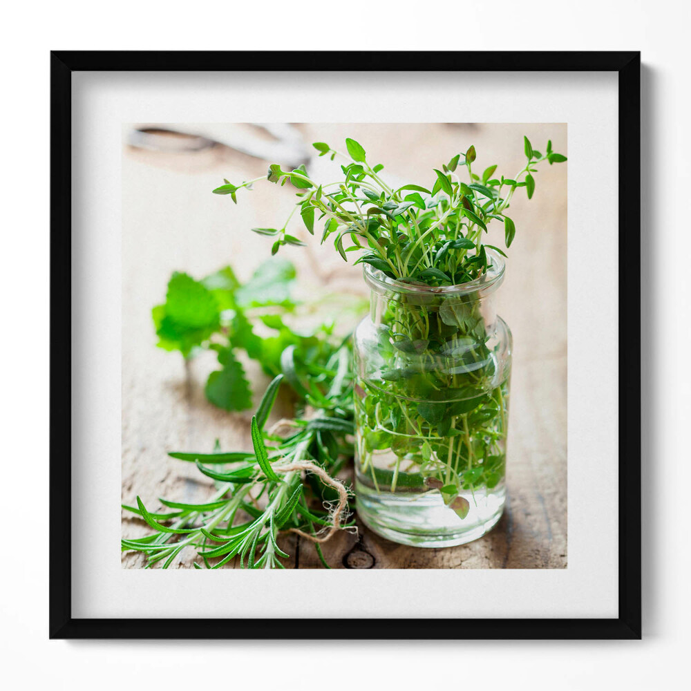 Obraz v rámu efektivní Byliny ve sklenici na dřevo