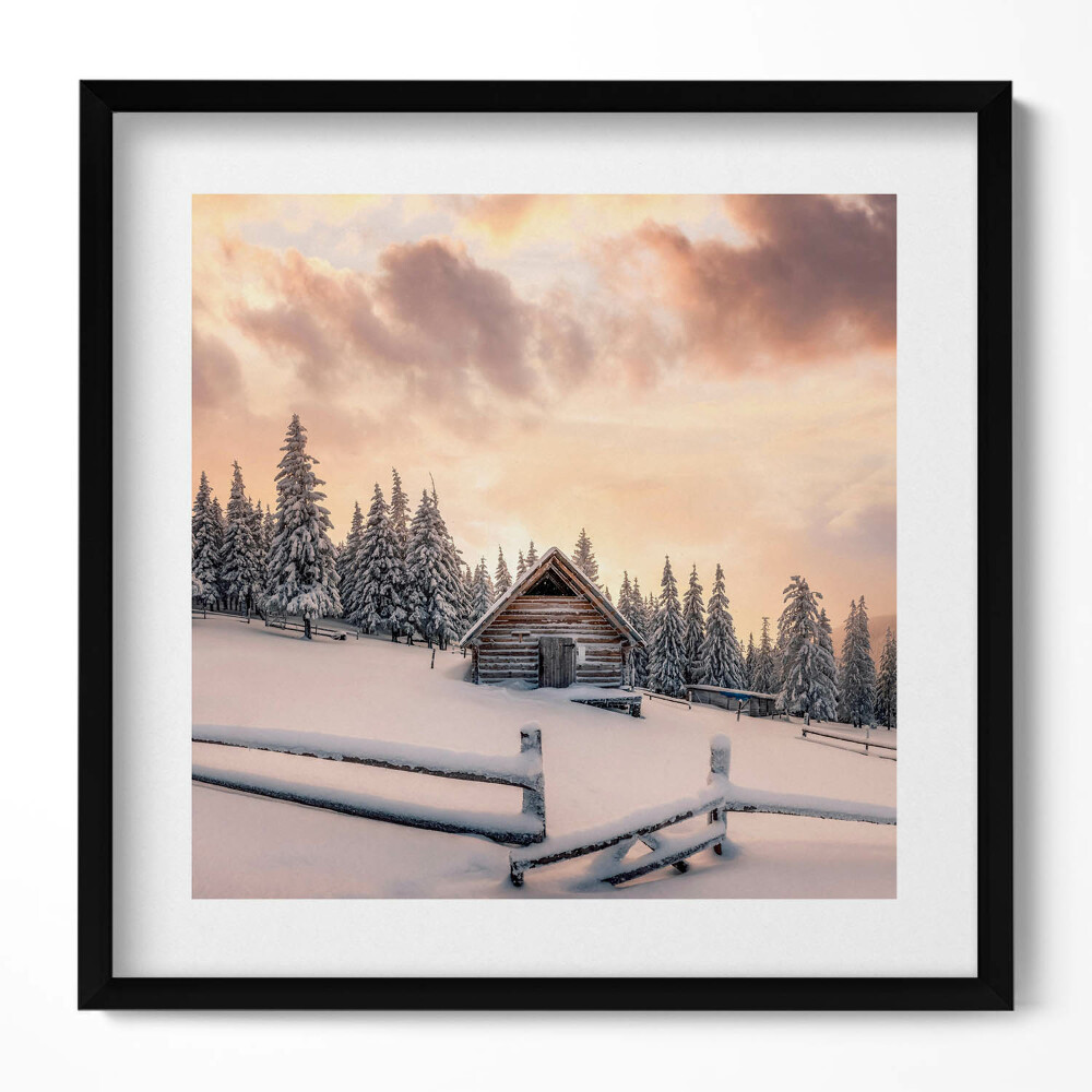 Obraz v rámu efektivní Krajina horské chaty v zimě a při západu slunce