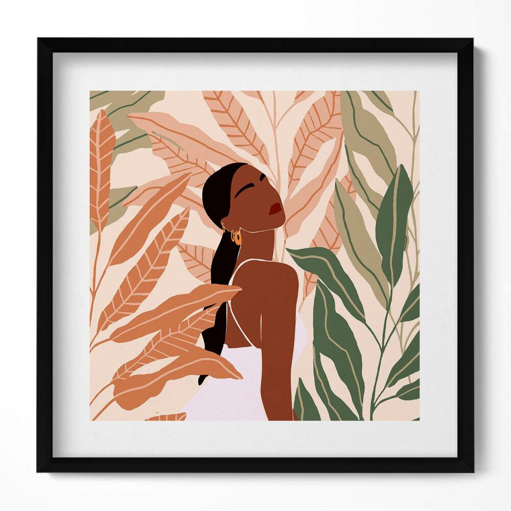 Obraz v rámu efektivní Ilustrace ženy mezi listy v boho stylu