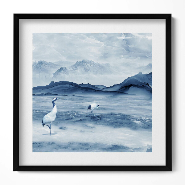 Obraz v rámu efektivní Malovaná krajina jezera a jeřábů