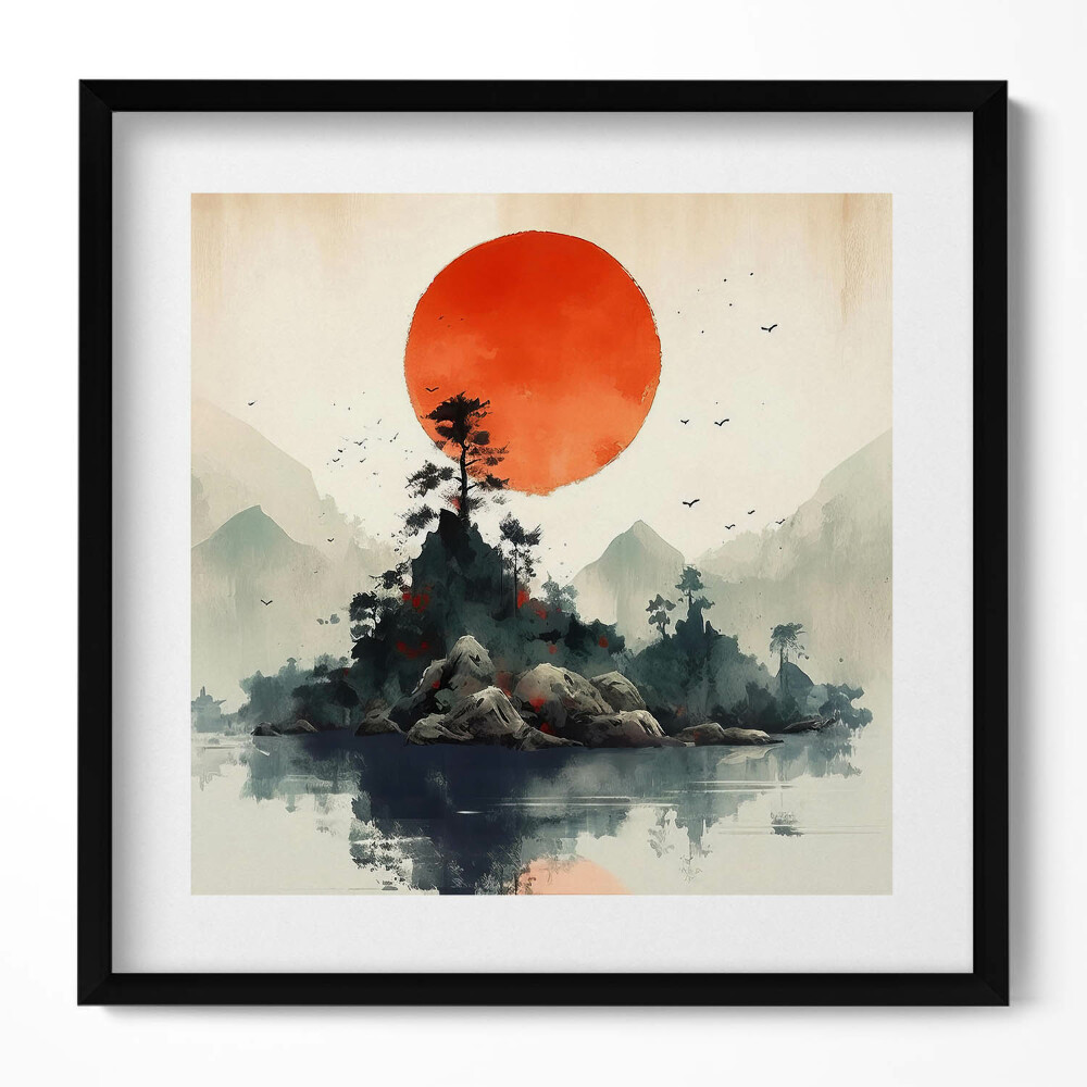 Obraz v rámu efektivní Japonská ilustrace slunce nad skalami a stromy