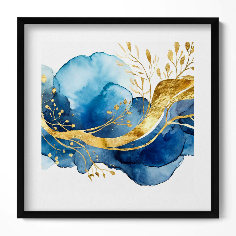 Obraz v rámu efektivní Abstrakce zlatých rostlin na modrém pozadí