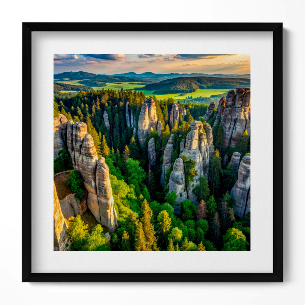 Obraz v rámu efektivní Pohled z ptačí perspektivy na zvláštní hory a lesy