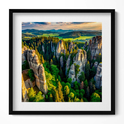 Obraz v rámu efektivní Pohled z ptačí perspektivy na zvláštní hory a lesy