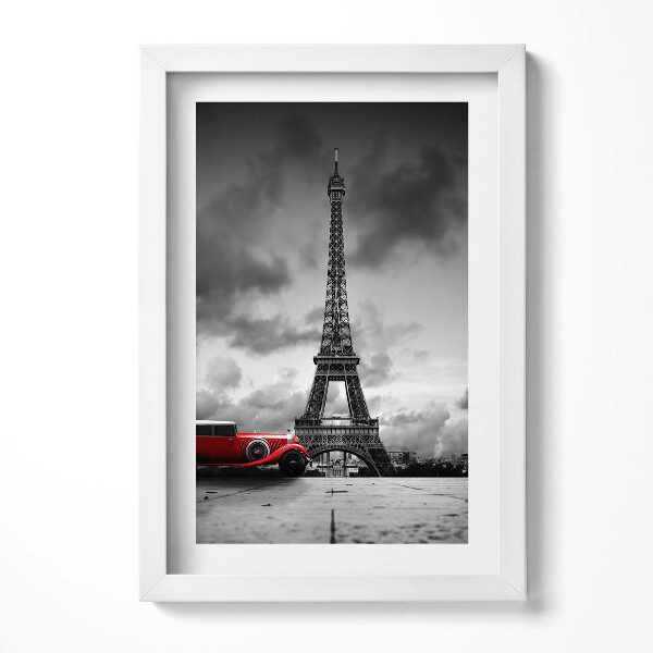 Obraz s rámem elegantní Eiffelova věž a červené auto