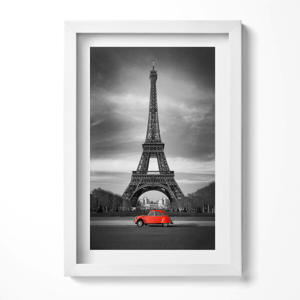 Obraz s rámem elegantní Červené auto na pozadí Eiffelovy věže