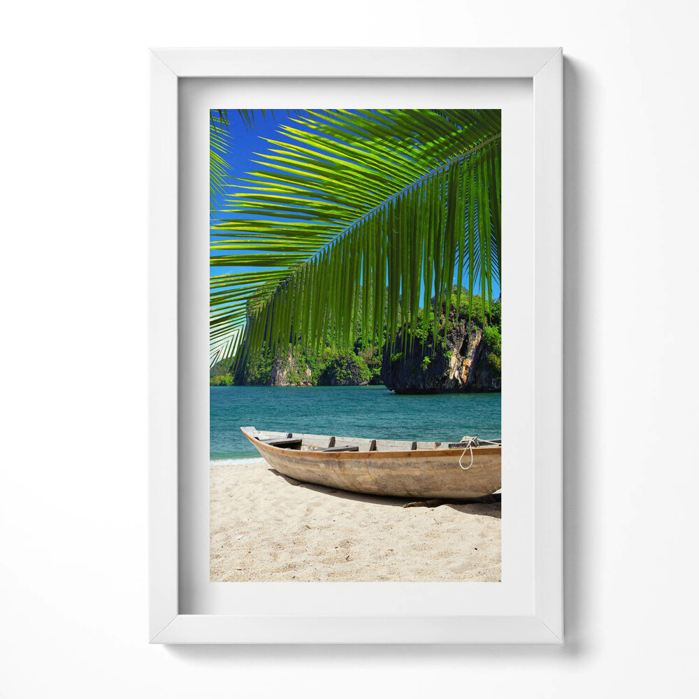 Obraz s rámem elegantní Loď na pláži pod palmou
