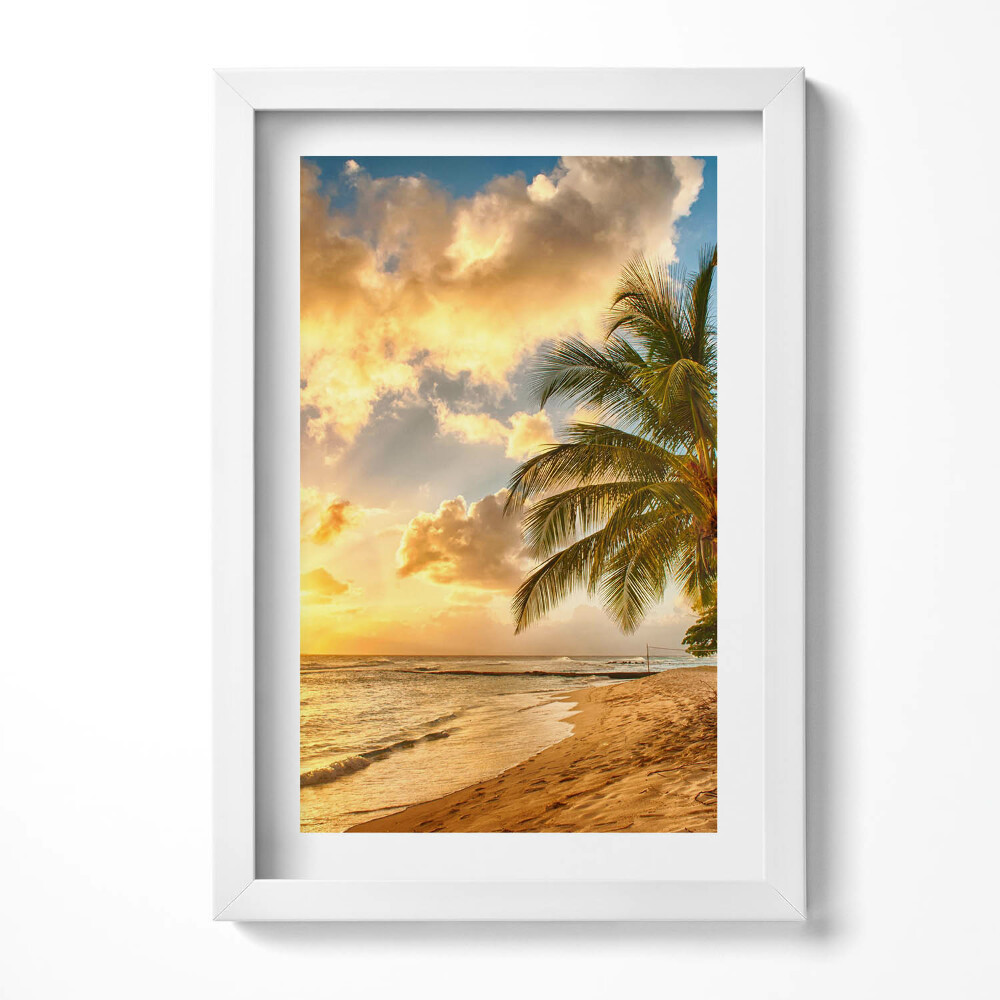 Obraz s rámem elegantní Palmy pláž a moře při západu slunce