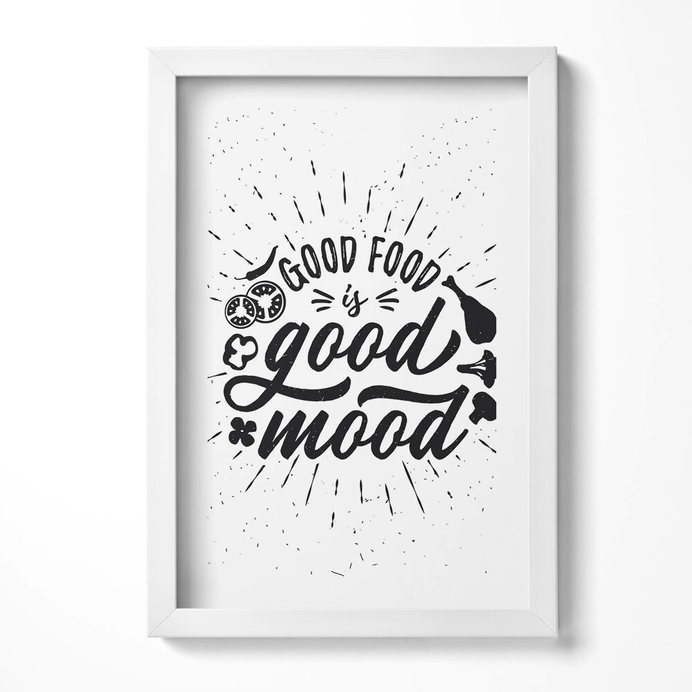 Obraz s rámem elegantní Dobré jídlo je dobrá nálada - nápis do kuchyně