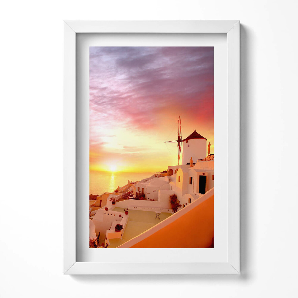 Obraz s rámem elegantní Santorini se starým větrným mlýnem