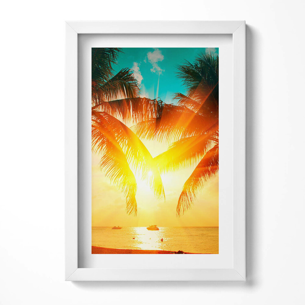 Obraz s rámem elegantní Pohled na dovolenou - palmy při západu slunce