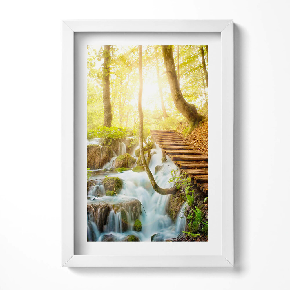 Obraz s rámem elegantní Potok a schody v lese