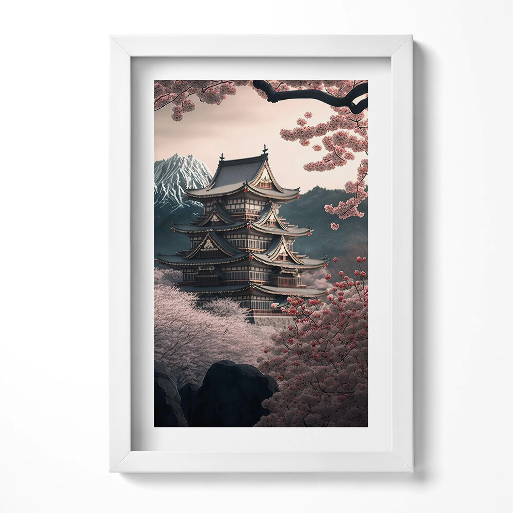 Obraz s rámem elegantní Asijská věž a třešňové květy