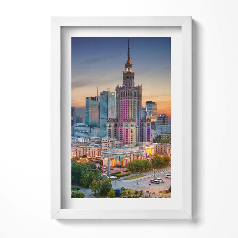 Obraz s rámem elegantní Panorama západu slunce ve Varšavě
