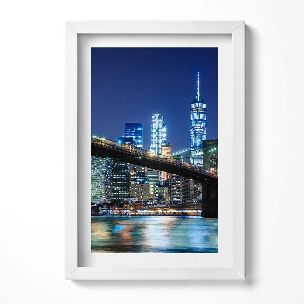 Obraz s rámem elegantní Brooklynský most v New Yorku v noci