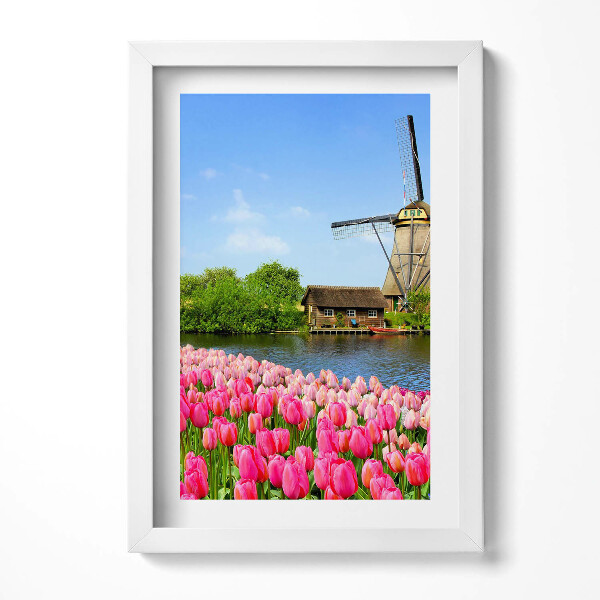 Obraz s rámem elegantní Holandský větrný mlýn s květinami