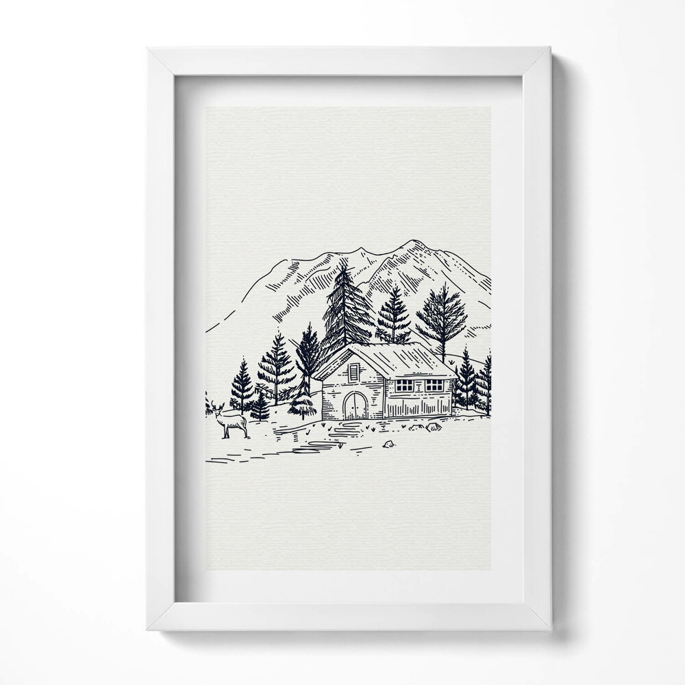 Obraz s rámem elegantní Kresba chaty v horách