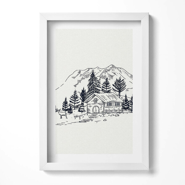 Obraz s rámem elegantní Kresba chaty v horách