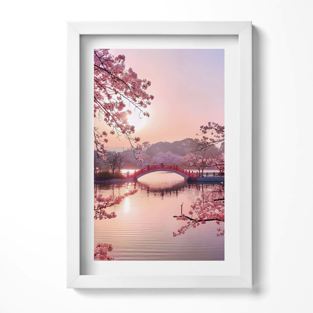 Obraz s rámem elegantní Třešňové květy a most - japonský styl