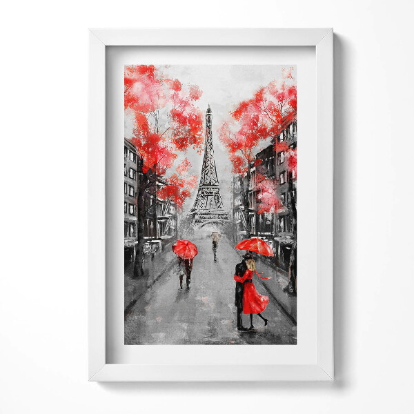 Obraz s rámem elegantní Paříž - Eiffelova věž a červené deštníky