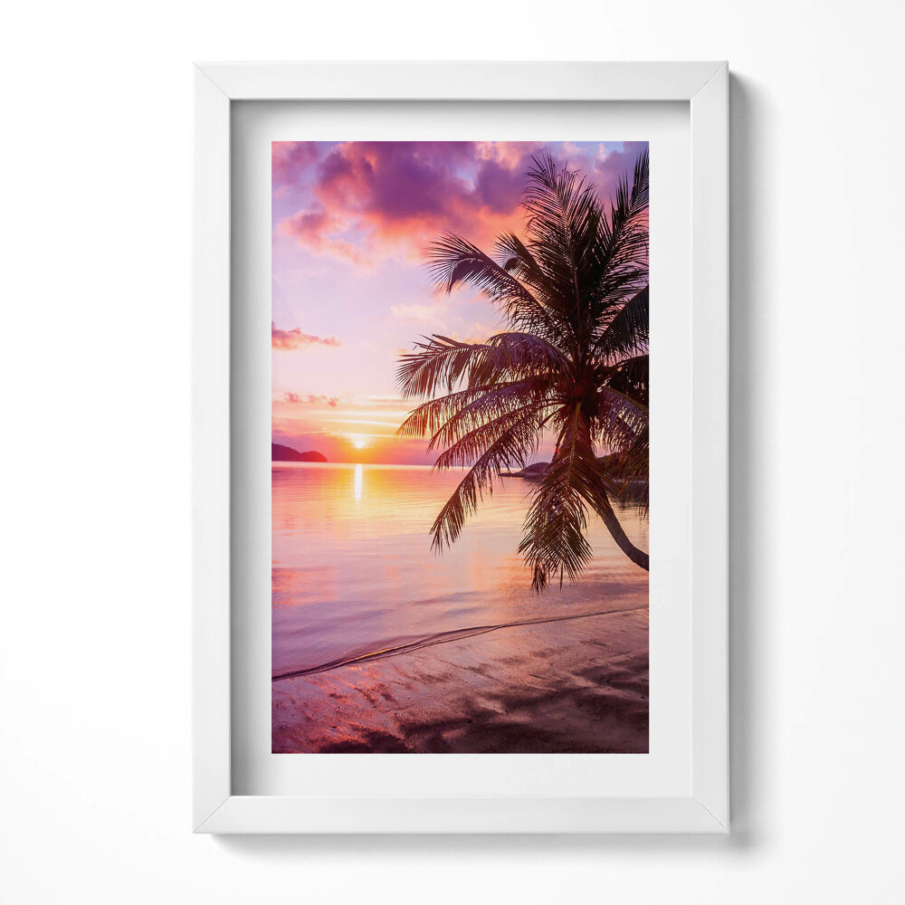 Obraz s rámem elegantní Palma na pláži při západu slunce