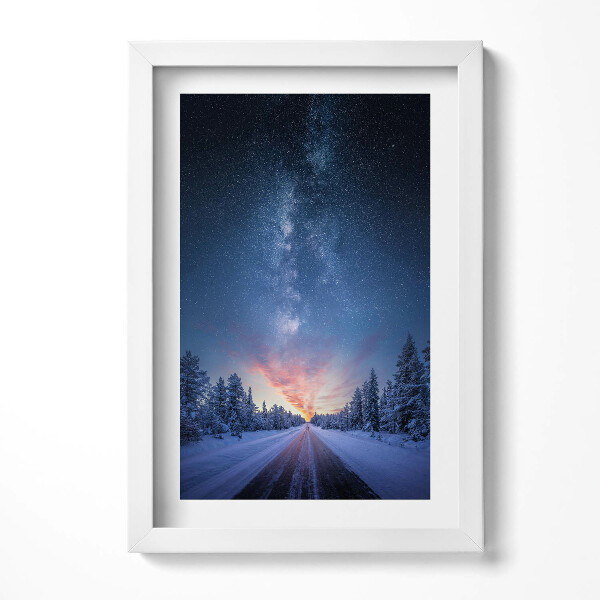 Obraz s rámem elegantní Krajina - zimní silnice a hvězdná obloha