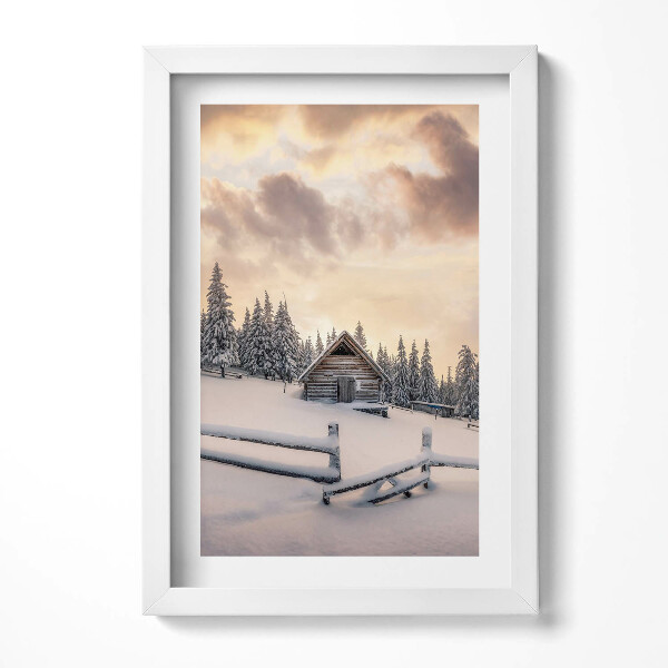 Obraz s rámem elegantní Krajina horské chaty v zimě a při západu slunce