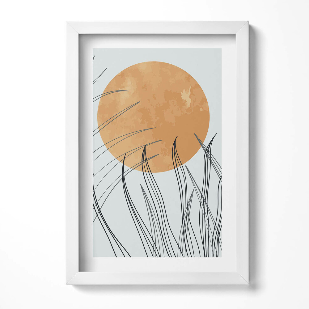 Obraz s rámem elegantní Minimalistické rostliny a slunce v boho stylu