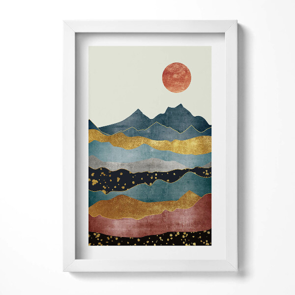 Obraz s rámem elegantní Abstraktní krajina barevných hor a slunce