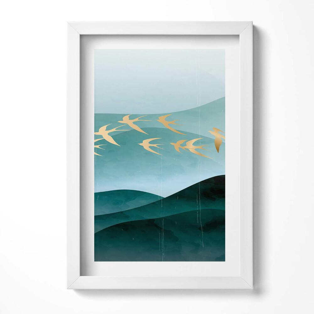 Obraz s rámem elegantní Ilustrace zlatých ptáků na obloze