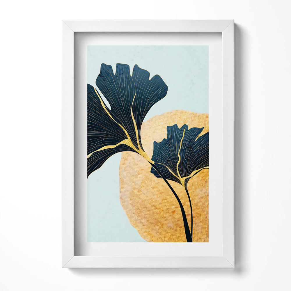 Obraz s rámem elegantní Ilustrace listů ginkgo se zlatým sluncem