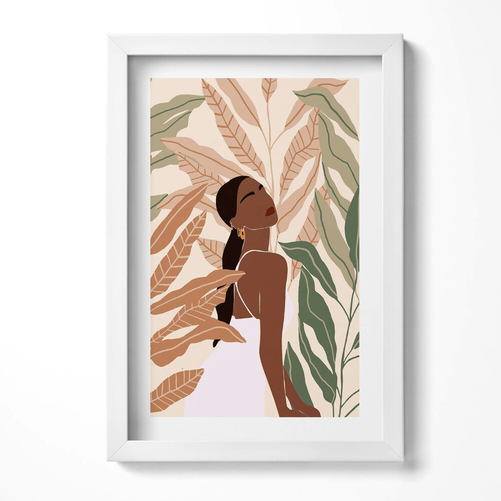 Obraz s rámem elegantní Ilustrace ženy mezi listy v boho stylu