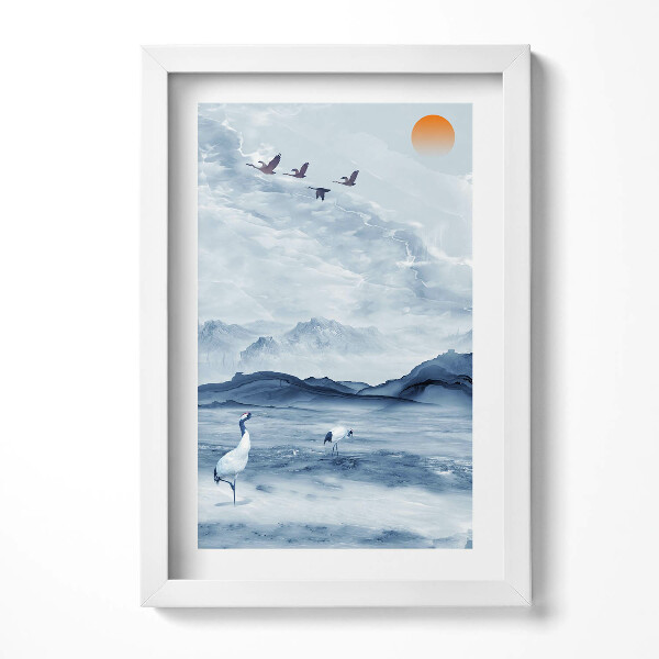 Obraz s rámem elegantní Malovaná krajina jezera a jeřábů