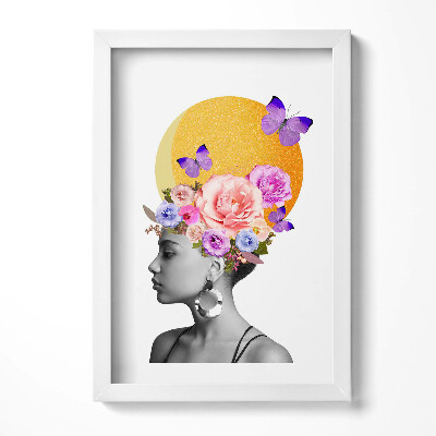 Obraz s rámem elegantní Ženská hlava s květinami a motýly