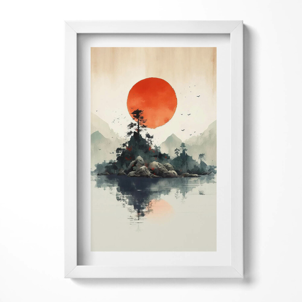 Obraz s rámem elegantní Japonská ilustrace slunce nad skalami a stromy