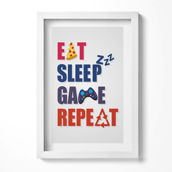 Obraz s rámem elegantní Nápis pro hráče "Eat sleep game repeat"
