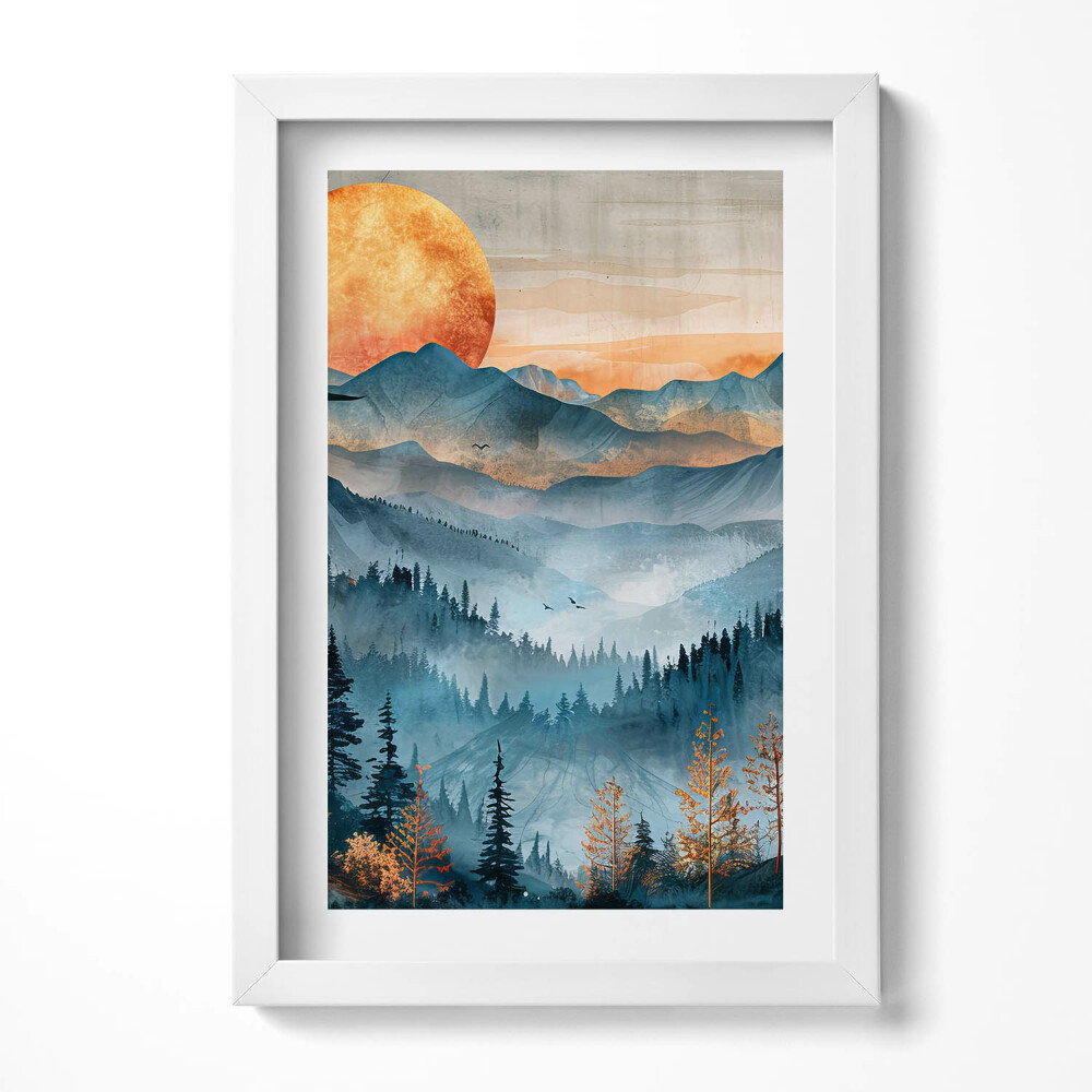 Obraz s rámem elegantní Abstraktní krajina slunce nad horami a lesy