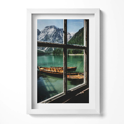 Obraz s rámem elegantní Pohled z okna na jezero s lodí