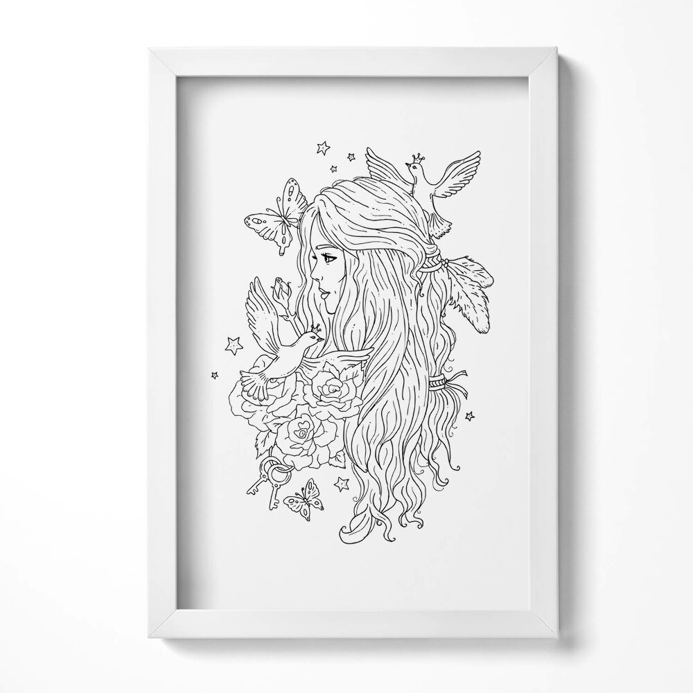 Obraz s rámem elegantní Perokresby ilustrace dívky